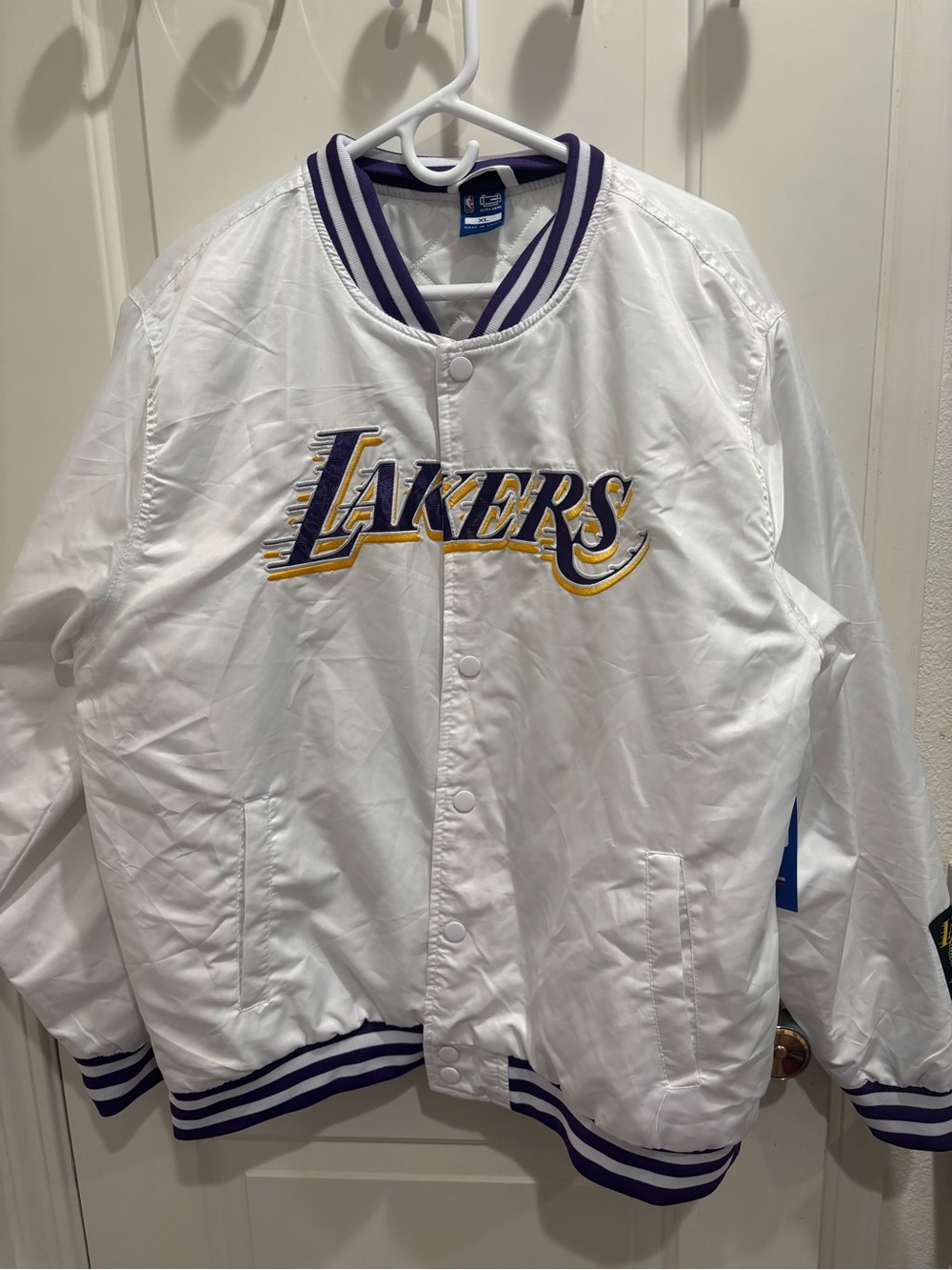 NWT White Los Angeles Lakers Satin Bomber Jacket with Purple & Gold Trim.